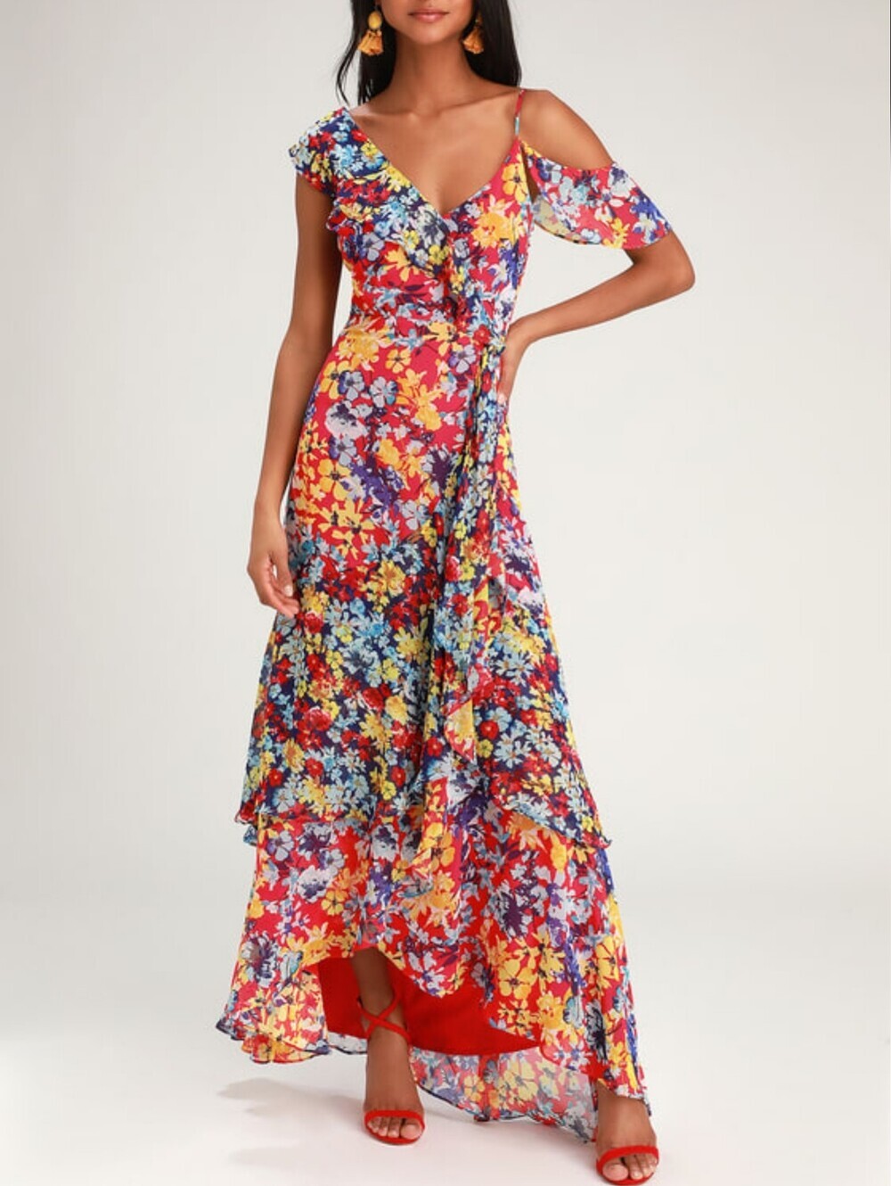 Lulu's Radiant Ruby‎ Red Floral Print Chiffon Maxi Dress